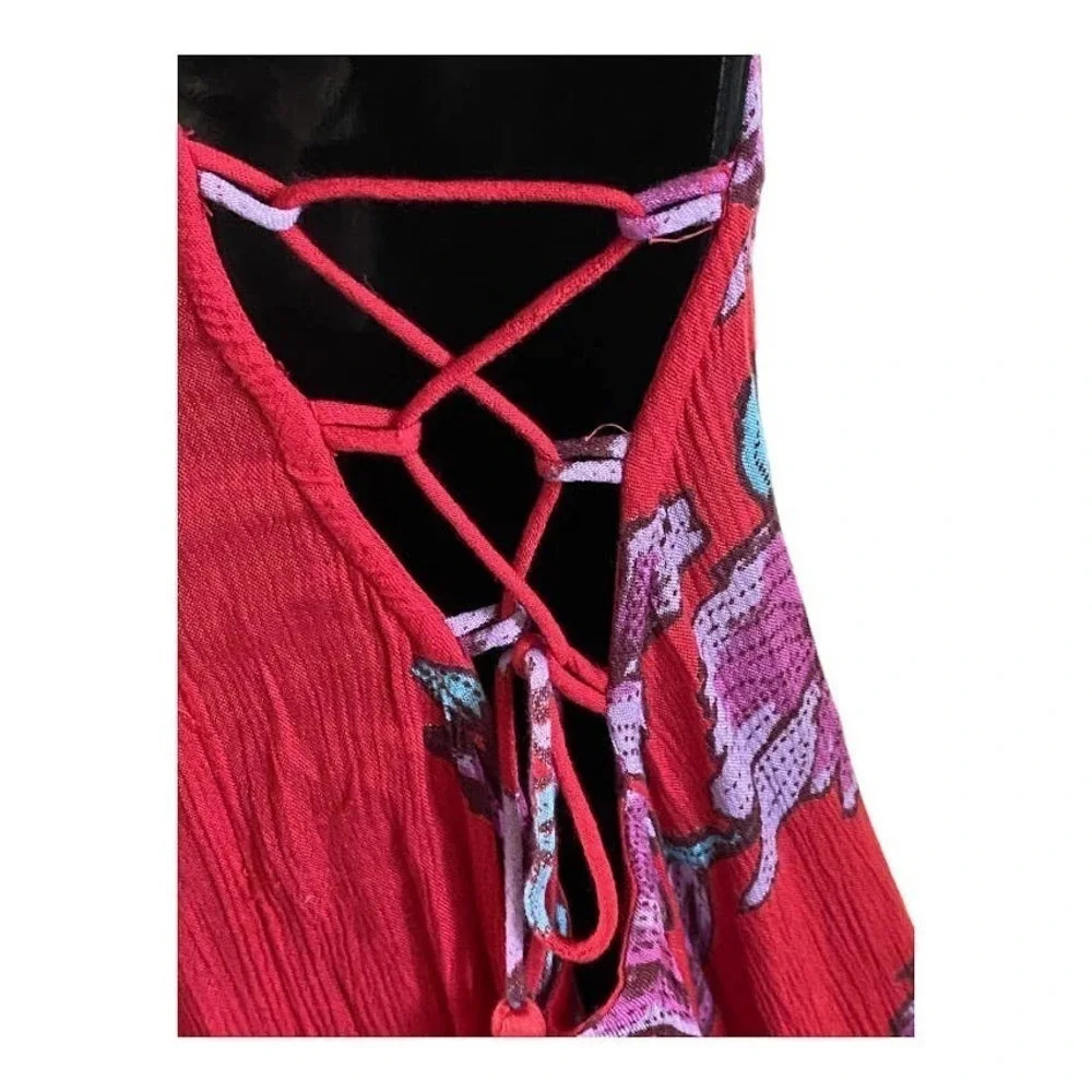 Free People Sleeveless High Neck Size XS Floral Mini Red 100% Viscose Relaxed - Picture 5 of 12